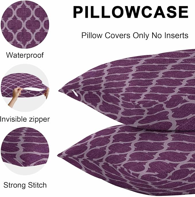 Dark Purple Moroccan Outdoor Pillow Covers 16x16 Inch Throw Pillow Covers Set of 2 Waterproof Decorative Pillow Cases Country Abstract Quatrefoil Lattice Cushion Covers for Patio Furniture Garden