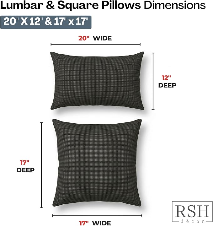 RSH DECOR: Sunbrella Lumbar & Square Pillows Set of 4 | 20" x 12" & 17" x 17" | Water and Fade-Resistant Fabric | Outdoor Throw Pillows for Patio Furniture | Made in USA (Fife Slate)