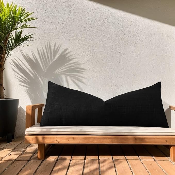 Kevin Textile Outdoor Waterproof 14”x36” Lumbar Pillow Cover 1 Pack, Black | Water Resistant, Soft Faux Linen-cotton Yarn-dyed Woven Texture Throw Pillow Covers for Tent Patio Garden Couch Sofa
