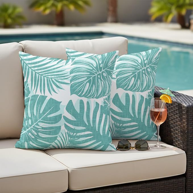 Aqua Teal Palm Leaves Outdoor Pillow Covers 18"x18" Set of 2, Tropical Botanical Minimalist Modern Waterproof Throw Pillow Covers for Patio Furniture, Decorative Cushion Covers for Porch