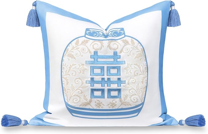 Hofdeco Premium Coastal Hampton Patio Indoor Outdoor Throw Pillow Cover Only, 20"x20" Water Repellent for Backyard, Couch, Poolside, Azure Blue Tan Embroidered Happiness Chinoiserie Vase