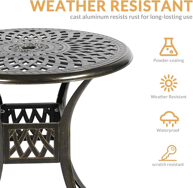 3-Piece Outdoor Patio Dining Set, All-Weather Cast Aluminum Patio Furniture Set for Backyard Garden Deck with 2 Cushioned Chairs and 31” Round Table, 2" Umbrella Hole, Navy Blue