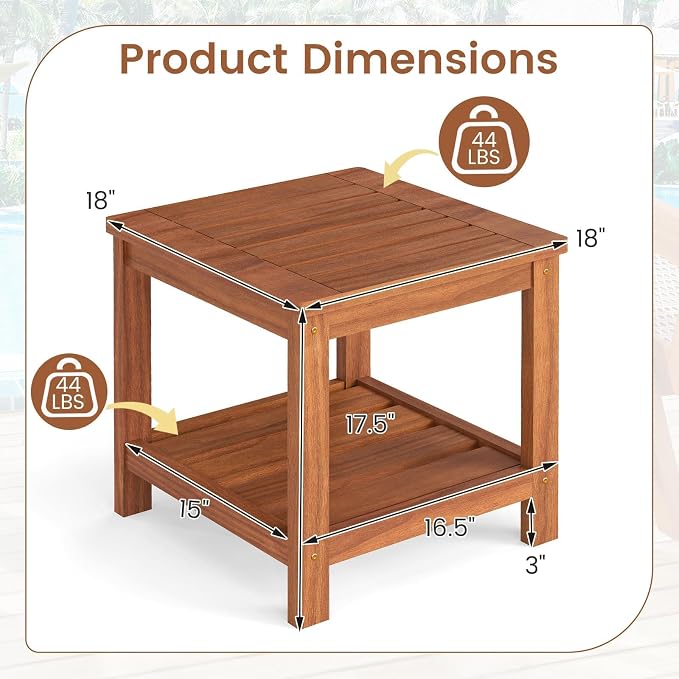 HAPPYGRILL 2-Tier Outdoor Wood Side Table with Storage Shelf, Patio Wooden End Table, Farmhouse Accent Nightstand, for Garden Yard Porch Deck Living Room (1)