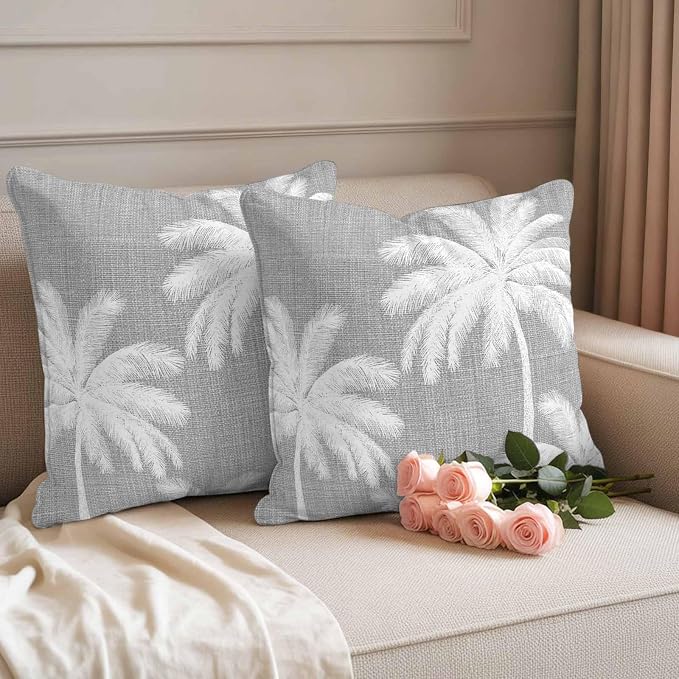 Outdoor Pillow Covers 26x26 Inch Set of 2, Grey Palm Trees Waterproof Throw Pillow Covers, Farmhouse Tropical Summer Beach Decorative Cushion Pillowcases for Couch, Sofa, Bed, Garden, Patio