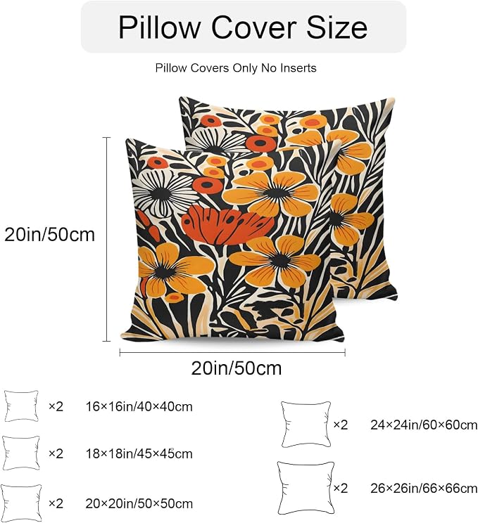 Orange Yellow Black Botanical Outdoor Pillow Covers 18x18 Inch Throw Pillow Covers Set of 2 Waterproof Decorative Pillow Cases Modernism Spring Floral Cushion Covers for Patio Furniture Garden Couch