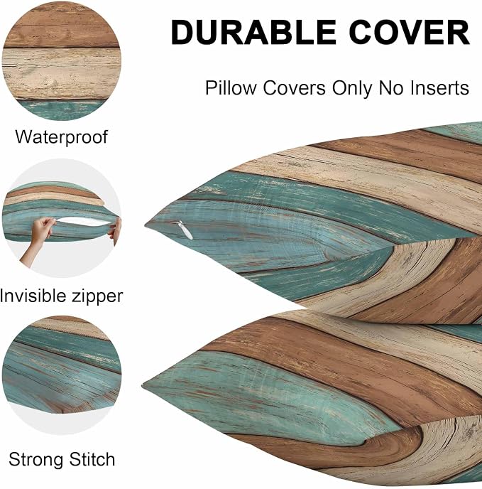 Outdoor Throw Pillows Covers 26X26 Set of 2 Waterproof Teal Turquoise Green Brown Decorative Zippered Cushion Covers for Patio Furniture, Farmhouse Retro Rustic Barn Wood Texture Lumbar Pillowcases