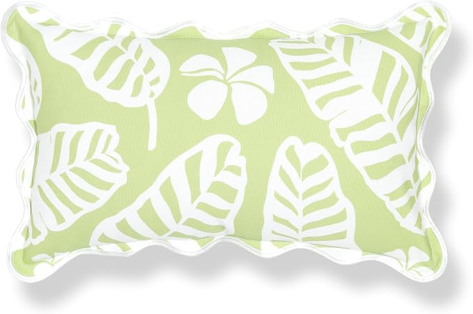 Hofdeco Premium Coastal Hampton Patio Indoor Outdoor Lumbar Pillow Cover Only, 12"x20" Water Repellent for Backyard, Couch, Poolside, Grass Green Print Palm Leaves and Hisbucs Flowers
