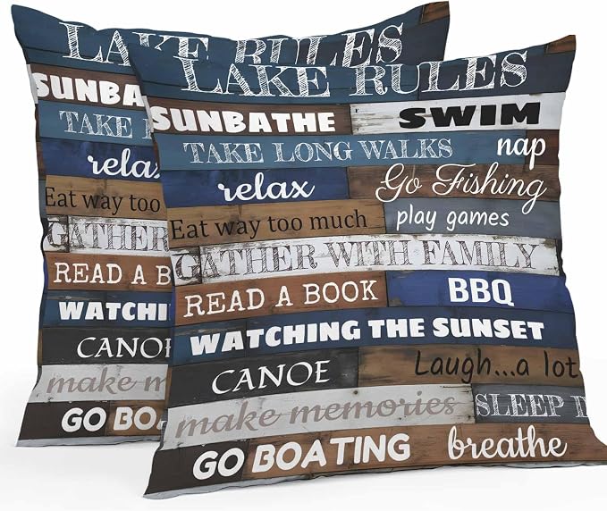 Vandarllin Outdoor Throw Pillows Covers 26x26 inch Set of 2 Waterproof Lake Rules on Wood Grain Decorative Zippered Cushion Covers for Patio Furniture, Rustic Text Wooden Lumbar Pillowcases