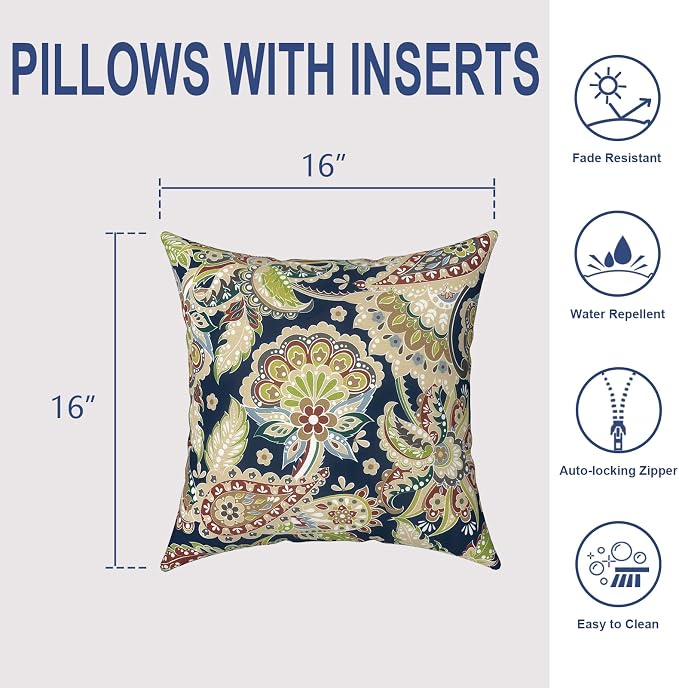 Outdoor Throw Pillows 16x16 Inch, Water Repellent Patio Pillows with Inners Set of 2 for Patio Furniture Home Graden, Paisley Sapphire Blue