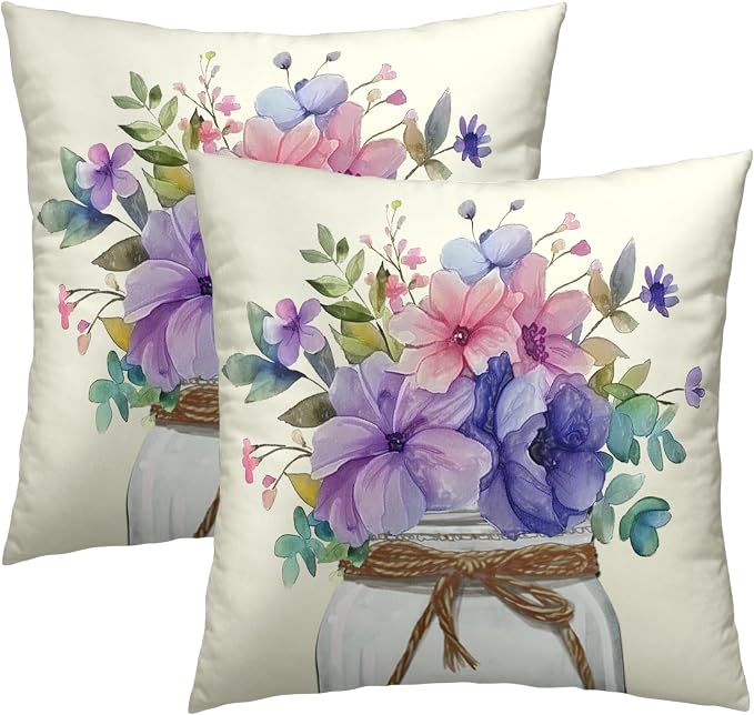 Watercolor Floral Pillow Covers 22x22 Inch Set of 2- Colorful Blue Purple Botanical Flower Decorative Throw Pillowcase Soft Cushion Cover for Sofa Couch Bed Patio Living Room