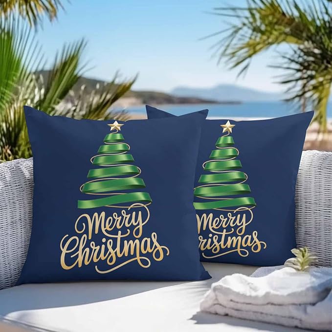 Navy Blue Christmas Tree Outdoor Pillow Covers 16 x 16 Inches, Green Xmas Tree with Star Waterproof Throw Pillow Cover Set of 2, Christmas Blue Decorative Square Cushion Covers for Patio/Couch