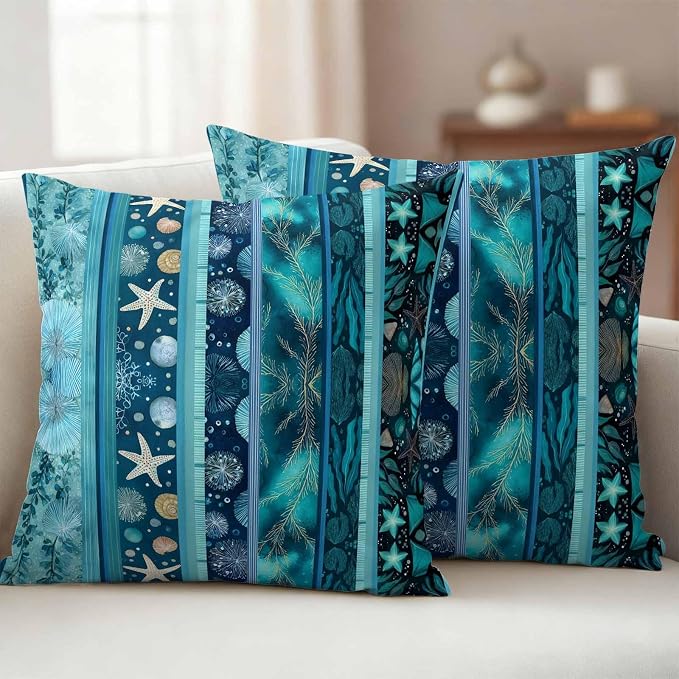 Turquoise Ocean Outdoor Waterproof Throw Pillow Covers Set of 2, 26"x26", Blue Stripes Starfish Coral Seaweed Luxury Decorative Pillow Covers Outside Cushion Case for Patio Porch Garden