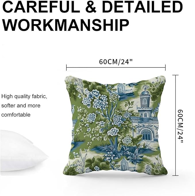 Pagoda Garden Imperial Green Chinoiserie Outdoor Throw Pillow Covers Asian Peacock Floral Waterproof Throw Pillowcase 24x24 in Rustic Accent Throw Pillow Covers for Patio Furniture Tent Garden