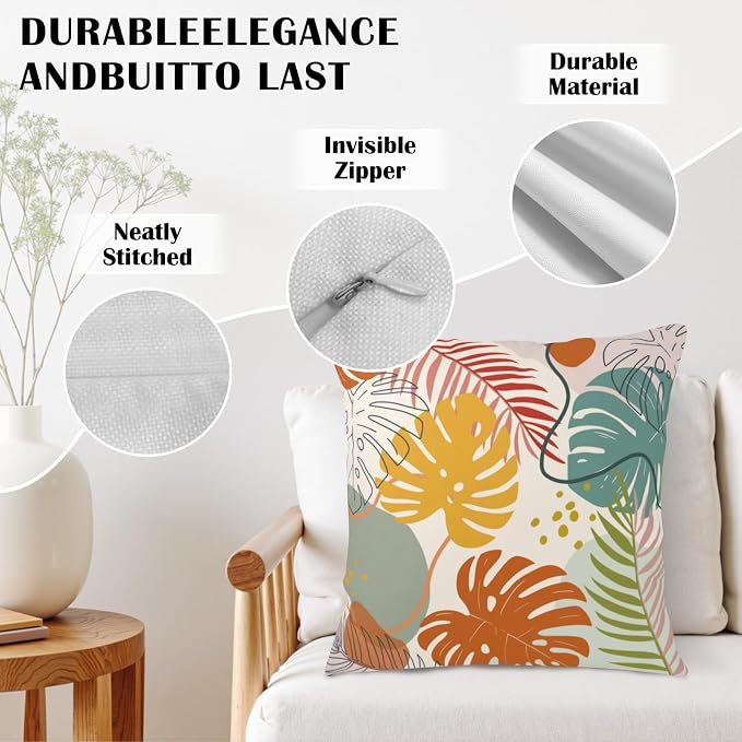 Abstract Tropical Pillow Covers Colorful Tropical Monstera Palm Tree Leaves Throw Pillow Covers Summer Boho Pillowcase 22x22 Set of 2 Neutral Cushion Case for Couch Sofa