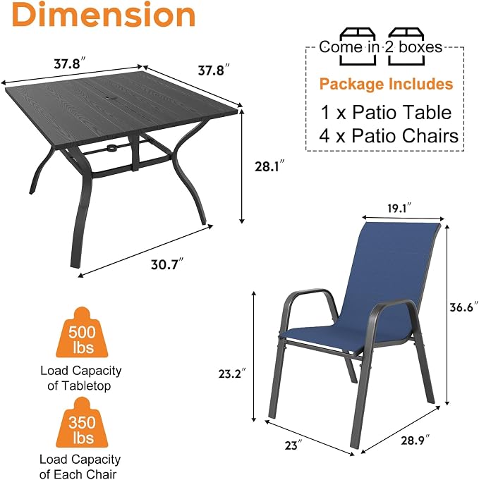 Outdoor Patio Dining Set for 4, 5 Pieces Patio Table and Chairs Set with Umbrella Hole, 37.8"x 37.8" Square Metal Wood-Grain Dining Table Set with 4 Stackable Patio Chairs for Deck , Backyard, Porch