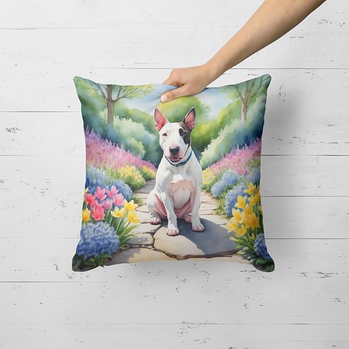 Caroline's Treasures English Bull Terrier Spring Path Throw Pillow Machine Washable, Indoor Outdoor Decorative Pillow for Couch, Bed or Patio, 18Hx18W