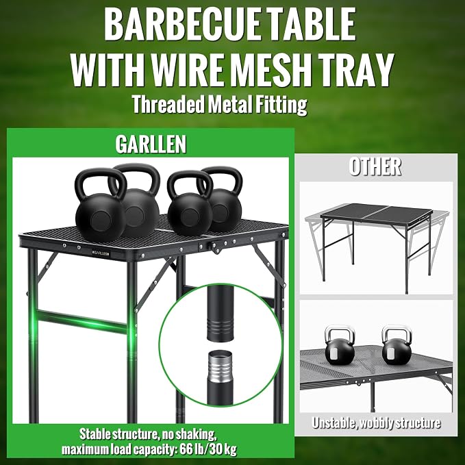 GARLLEN Folding Grill Table, 3 Adjustable Height Lightweight Camping Table with Heat-Resistant Tabletop, Portable Aluminum Outdoor Table for BBQ, Picnic, 23.6" L x 15.7" W, Threaded Install, Black