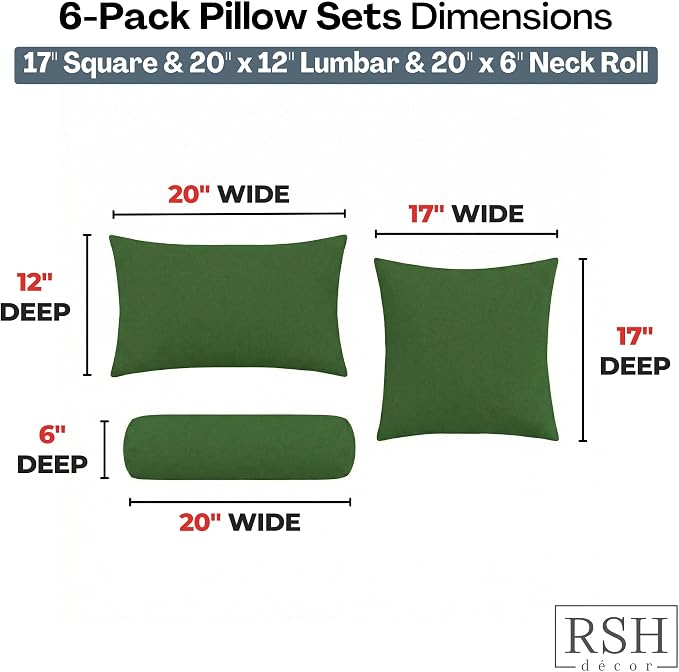 RSH DECOR: 6-Pack Pillow Set | Outdura Performance Fabric |Water & Fade-Resistant| 17" Square, 20"x12" Lumbar, 20"x6" Neck Roll | Outdoor Throw Pillows | Made in USA (Clover Green)