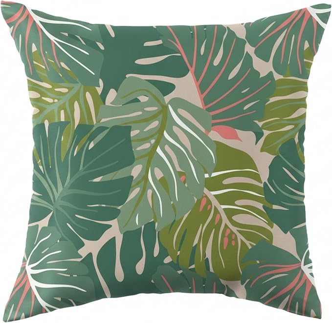 16 x 16 Inch Tropical Monstera Outdoor Pillow, Green Waterproof Patio Throw Cushion for Porch Furniture, Fade Resistant Square Decorative Pillow with Reversible Design