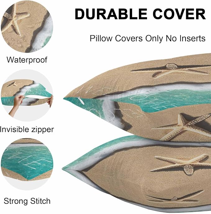Summer Coastal Outdoor Throw Pillow Cover Ocean Starfish Shells on Beach Waterproof Cushion Covers 2 Pack Welcome Texts Pillow Cases Home Decoration for Patio Garden Couch Sofa 20x12In