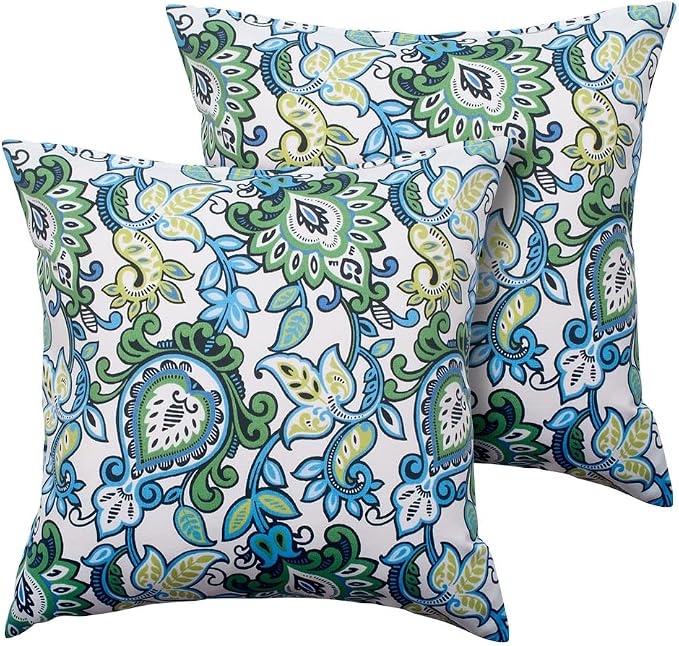 Magpie Fabrcis Pack of 2 Outdoor Waterproof Throw Pillow with Insert 18 x 18 Inch, Christmas Decorative Back Cushion Pad for Garden Patio Tent Balcony Couch Sofa(Floral Blue Green)