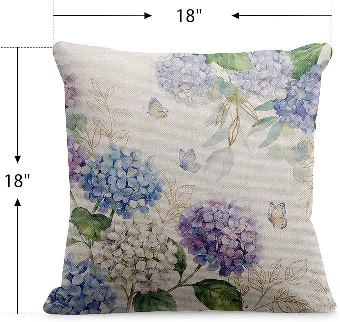 Throw Pillow Covers, Hydrangea, Waterproof, Set of 2, 18 x 18 Inch | Butterfly Outdoor Cottagecore Pillowcase Square Cushion Case Farmhouse Garden Decorative Pillows for Couch Beach Patio