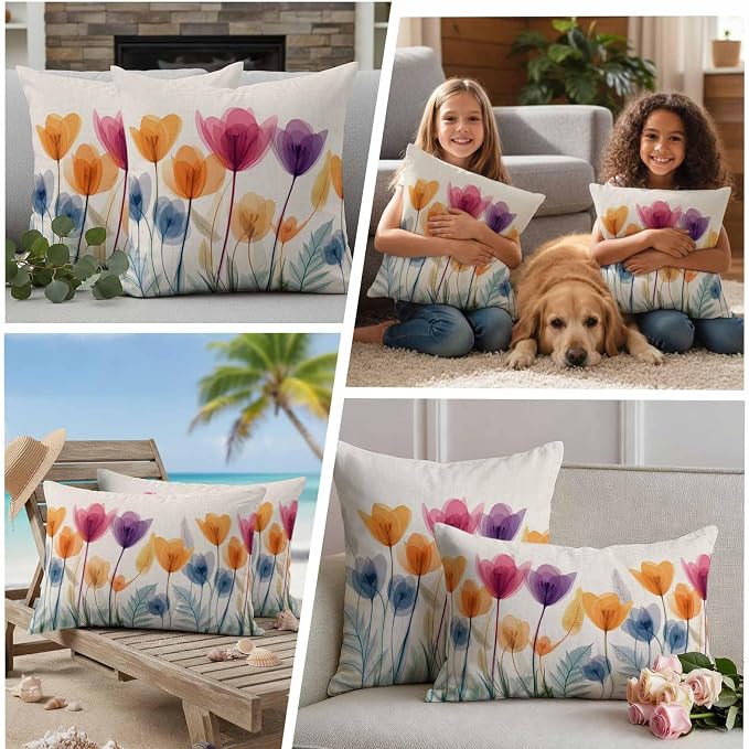 Spring Outdoor Waterproof Throw Pillow Covers Set of 2, 26"x26", Floral Cartoon Multicolor Tulips Leaf Retro Decorative Pillow Covers Outside Cushion Case for Patio Porch Garden