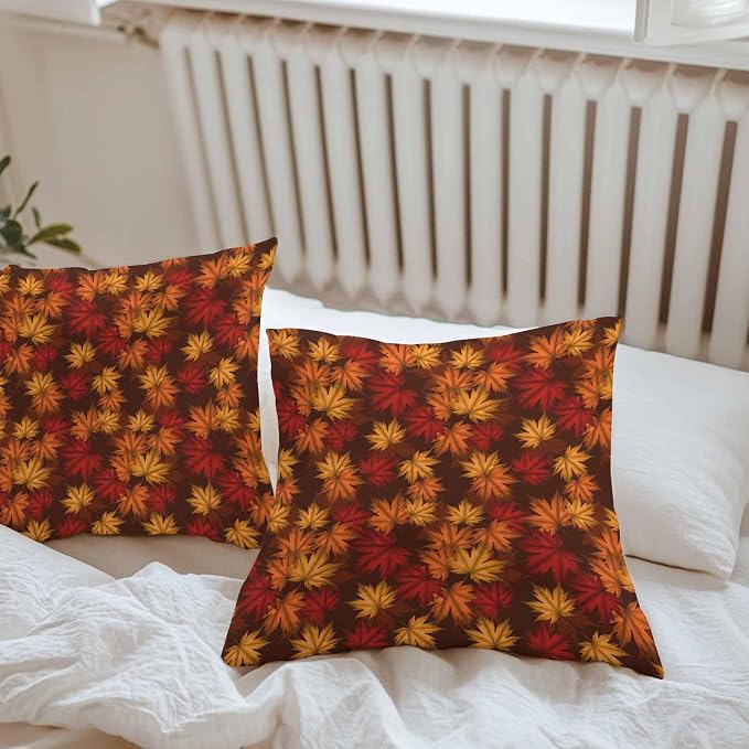 Brown Thanksgiving Outdoor Waterproof Pillow Covers, Fall Maple Leaves Farmhouse Vintage Decorative Square Throw Pillowcase Sofa Cushion Sham for Patio/Couch/Chair, 20"x20" 2 Pack