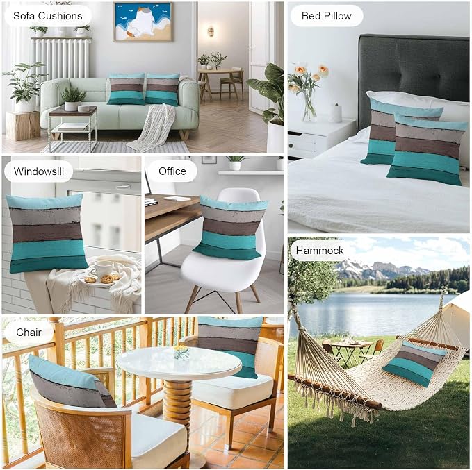Outdoor Throw Pillow Covers 24X24 Set of 2 Waterproof Ombre Peacock Blue Gray Decorative Zippered Cushion Covers for Patio Furniture, Farmhouse Retro Rustic Barn Wood Texture Lumbar Pillowcases