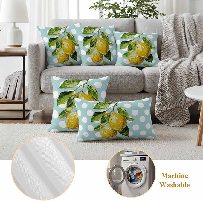 Waterproof Pillow Covers Set of 2,Summer Lemon Leaf Country Fruit Outdoor Pillow Protectors with Zipper Pillowcases for Patio Tent Garden Beach 20x20 Inches Polka Dot Light Blue