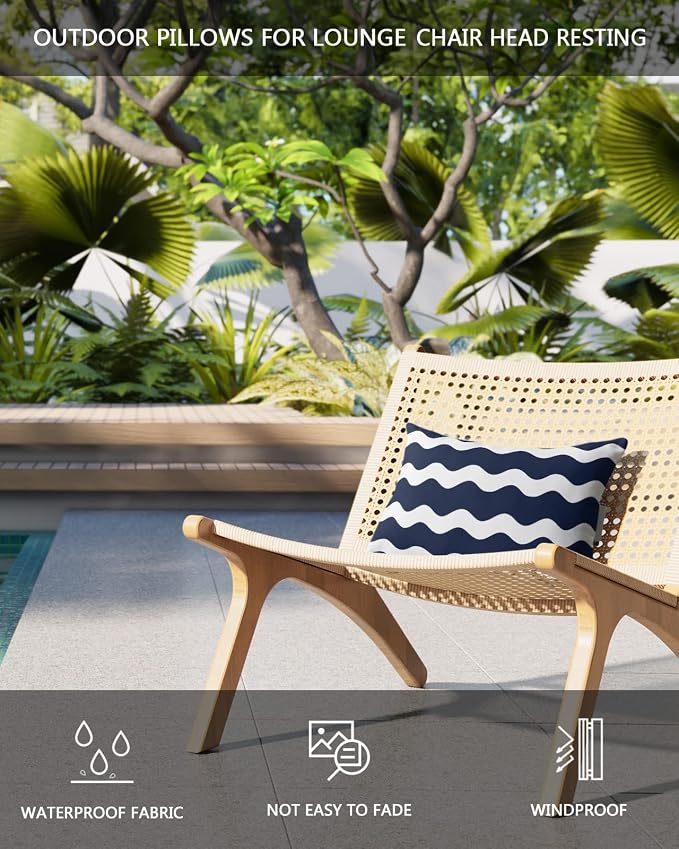 Prime Leader Recliner Head Pillow Lounge Chair Pillows with Insert Navy Blue Wavy Stripes Lumbar Pillow with Adjustable Strap Outdoor Waterproof Patio Pillows for Couch Beach Pool Office Chair, 2 PCS