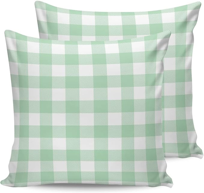 Outdoor Waterproof Throw Pillow Covers Set of 2 Light Green Buffalo Check Plaid Pillowcases 16x16 Inches Farmhouse Style Patio Decorative Pillows Cushion Case Patio Pillows for Couch Bed Chair Garden