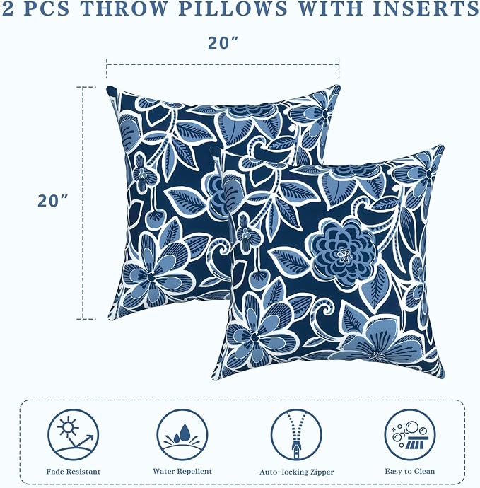 LVTXIII Outdoor Throw Pillows, Decorative Throw Pillows with Inserts, 20"x20" Square Pillows for Bed, Couch, Sofa and Patio Furniture, Set of 2, Flower Navy