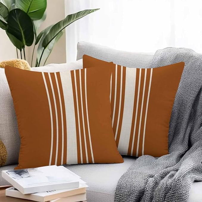 Throw Pillow Covers 26x26 Inch Set of 2, Burnt Orange Beige Striped Waterproof Outdoor Cushion Covers, Modern Farmhouse Retro Lines Decorative Pillowcases for Couch, Sofa, Bed, Garden, Patio