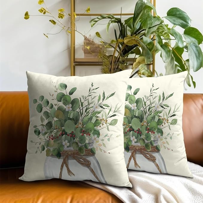 Spring Summer Leaf Pillow Covers 20x20 Inch, Set of 2 Eucalyptus Leaves Floral Sage Green Decorative Throw Pillowcases Square Cushion Cover for Couch Sofa Bed Outdoor Home Decor