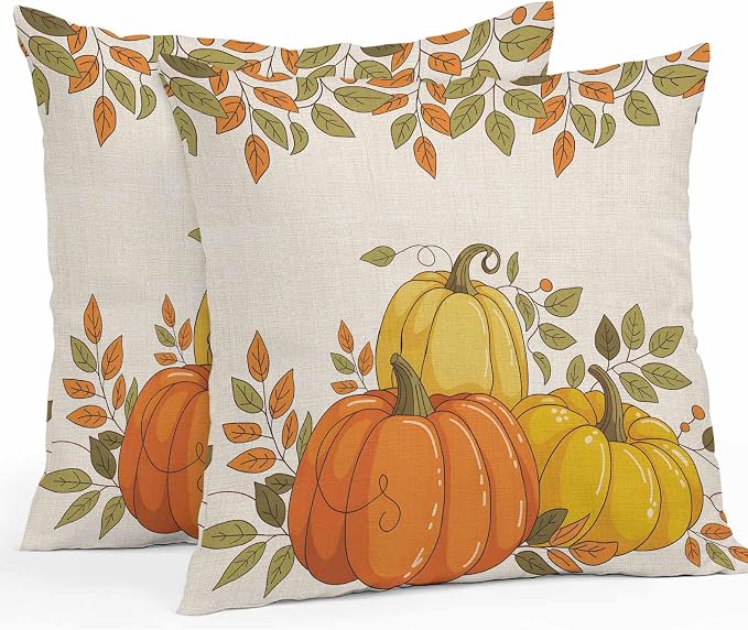 Orange Pumpkins Outdoor Waterproof Pillow Covers, Fall Yellow Leaves Vintage Beige Rustic Decorative Square Throw Pillowcase Sofa Cushion Sham for Patio/Couch/Chair, 20"x20" 2 Pack