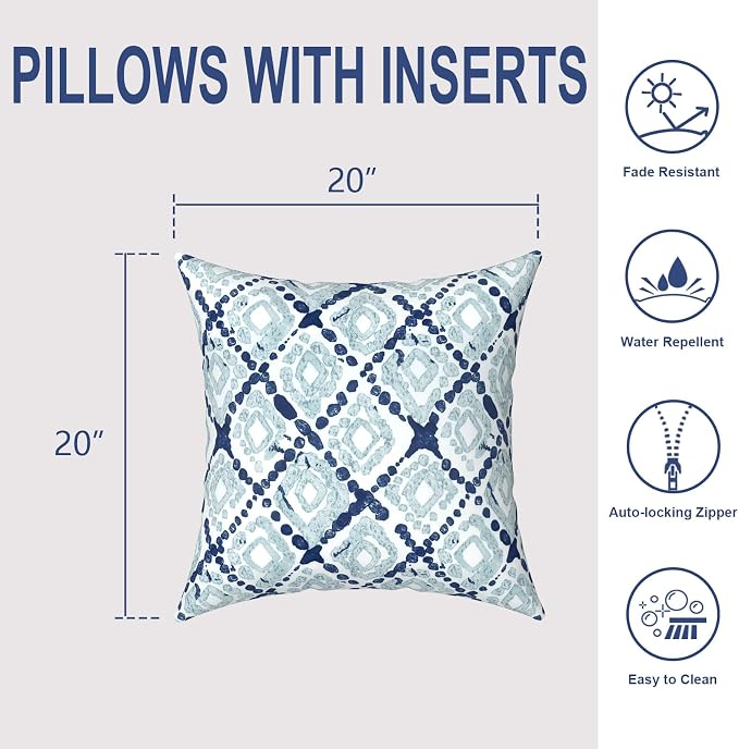 Outdoor Throw Pillows with Inners 20x20 Inch, Square Pillows Decorative for Home Garden Furniture Set of 2, Boho Geometry Blue
