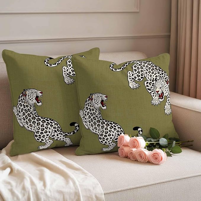 Vandarllin Outdoor Throw Pillows Covers 26x26 inch Set of 2 Waterproof Green Leopard Decorative Zippered Cushion Covers for Patio Furniture, Bohemian Animal Print Lumbar Pillowcases