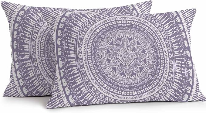 Vandarllin Outdoor Throw Pillows Covers 20x12 inch Set of 2 Waterproof Purple Boho Decorative Zippered Cushion Covers for Patio Furniture, Bohemian Floral Geometric Lumbar Pillowcases