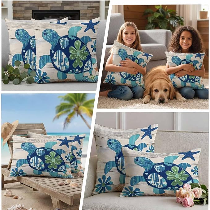 Ocean Turtle Outdoor Waterproof Throw Pillow Covers Set of 2, 26"x26", Sea Animals Rustic Wooden Board Decorative Pillow Covers Outside Cushion Case for Patio Porch Garden