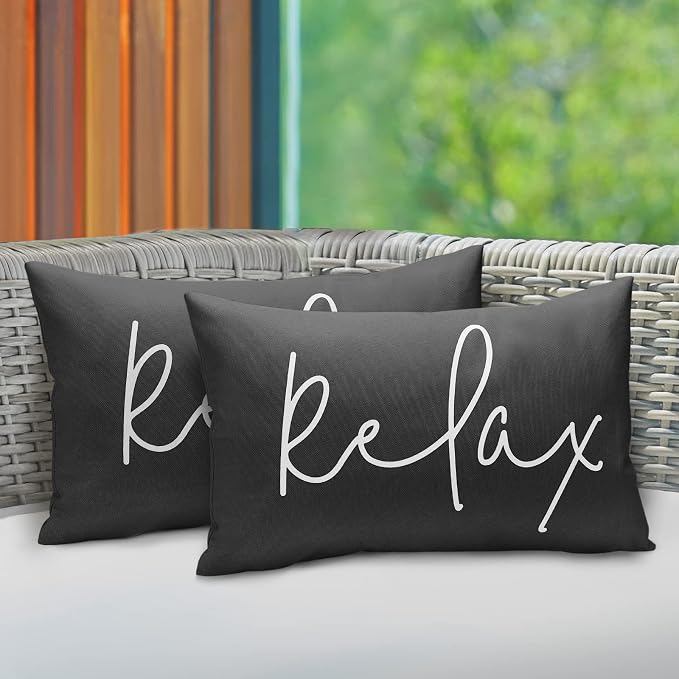 Lewondr Waterproof Outdoor Throw Pillow Cover, 2 Pack, 12"x20", Black | Relax Printing, Summer Garden Decor, For Patio Sofa, Balcony Couch, Bench Porch
