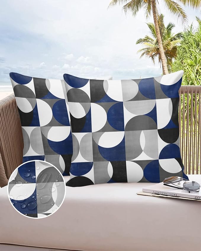 Vandarllin Outdoor Throw Pillows Covers 26x26 inch Set of 2 Waterproof Modern Blue Gray Geometric Decorative Zippered Cushion Covers for Patio Furniture, Abstract Mid Century Lumbar Pillowcases