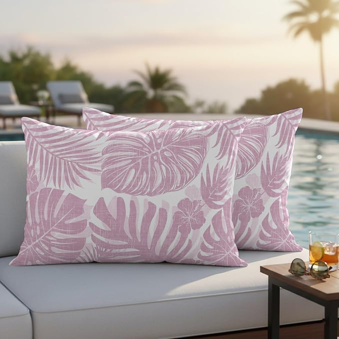 Pink Palm Leaves Outdoor Pillow Covers 20"x12" Set of 2, Tropical Botanical Minimalist Modern Waterproof Throw Pillow Covers for Patio Furniture, Decorative Cushion Covers for Porch