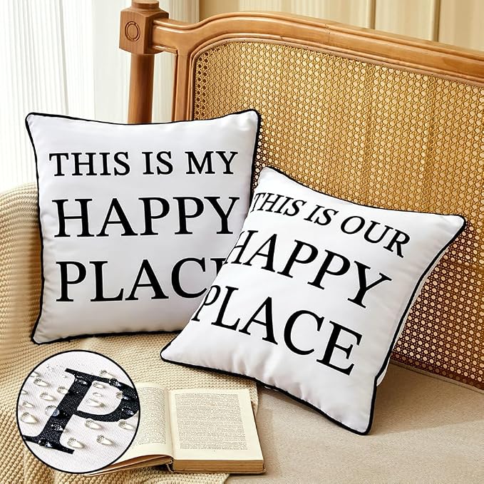 Porch Decor White Outdoor Pillow Cover Waterproof 18x18, Double-Sided Print | This Is Our & My Happy Place Sign, Set of 2, 18 x 18 Outdoor Pillows, Porch Decorations Outdoor, Outdoor Decor for Patio