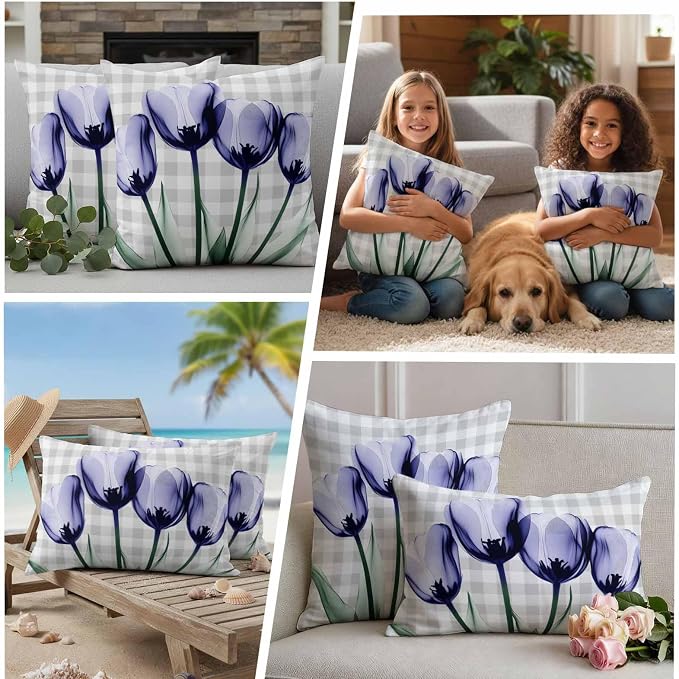 Light Purple Tulip Waterproof Outdoor Pillow Covers Set of 2 Home Decor, Farmhouse Flowers Grey Checkered Pillowcase Patio Pillow Covers for Couch Bench Furniture Garden 20x20in