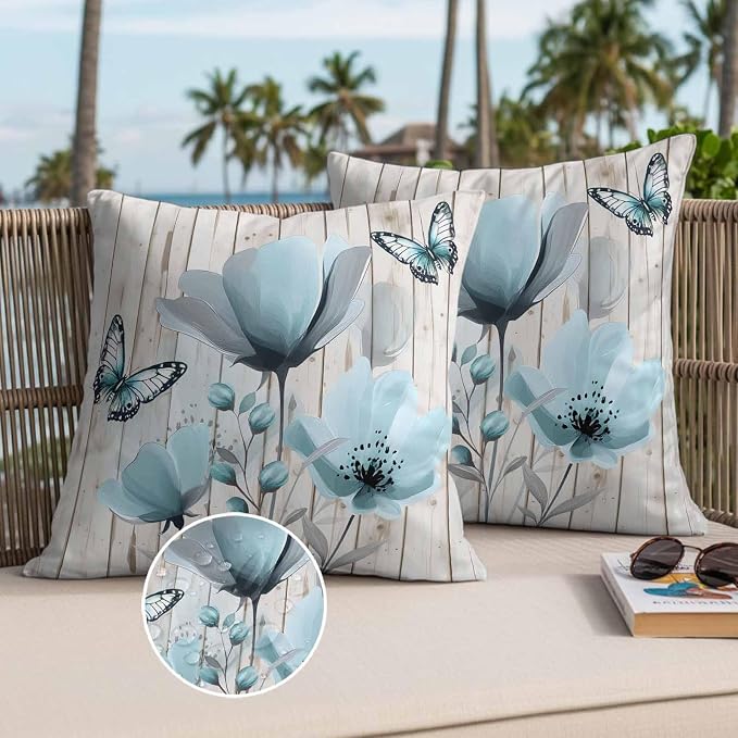 Blue Tulip Waterproof Outdoor Pillow Covers Set of 2 Home Decor, Country Spring Butterfly Floral Wooden Grain Pillowcase Patio Pillow Covers for Couch Bench Furniture Garden 24x24in