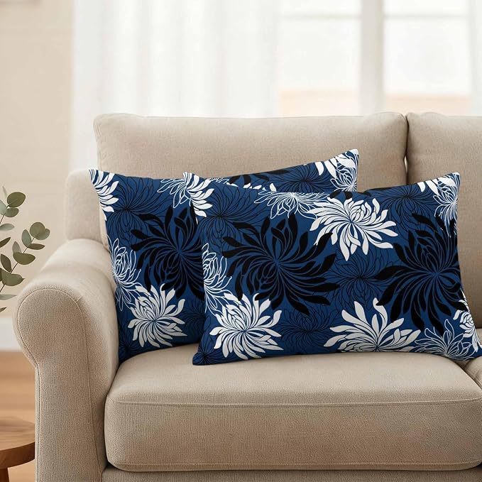 Yukro Blue Black Floral Outdoor Waterproof Pillow Covers Pack of 2, Vintage Blue White Black Flower Decorative Throw Pillowcases Cushion Covers for Garden Patio Tent Sofa Couch, 20x12 inch