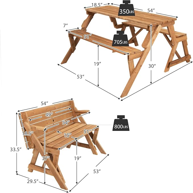 GYMAX Picnic Table, 2 in 1 Convertible Picnic Bench Table Set, Transforming Interchangeable Wooden Picnic Table with Umbrella Hole, Collapsible Outdoor Patio Dining Table Garden Bench