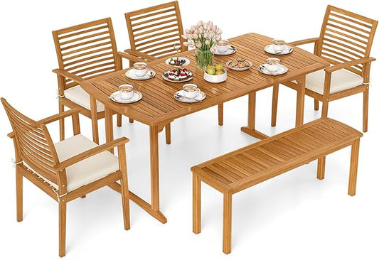 HAPPYGRILL 6 Pieces Acacia Wood Outdoor Dining Set for 6 People, Patio Table & 4 Chairs & 1 Bench Set with Umbrella Hole, Outside Picnic Furniture