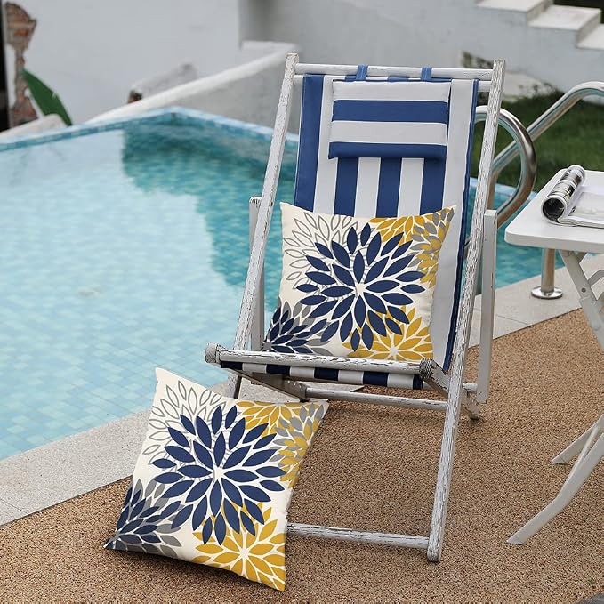DFXSZ Outdoor Waterproof Pillow Covers 18x18 Set of 2 Blue Yellow Flower | Spring Summer Waterproof Flower Throw Pillowcases（No Inserts）Outdoor Decor for Patio Funiture Garden Polyester Covers